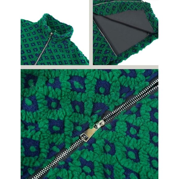 Women Dark green Cropped Sherpa Fleece Plaid Jacket Chunky Outerwear - Picture 6 of 7